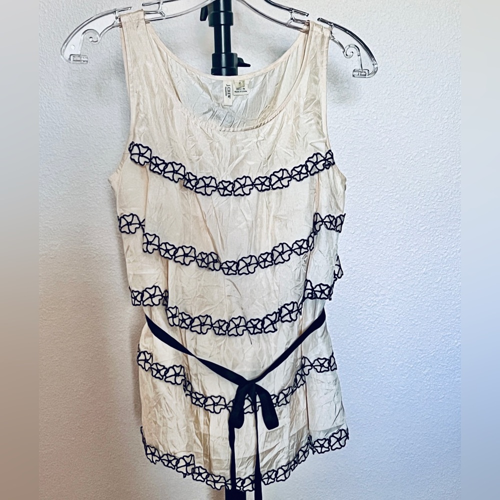 J. Crew 100% Silk Ruffle Cream Top with Black Tie Front